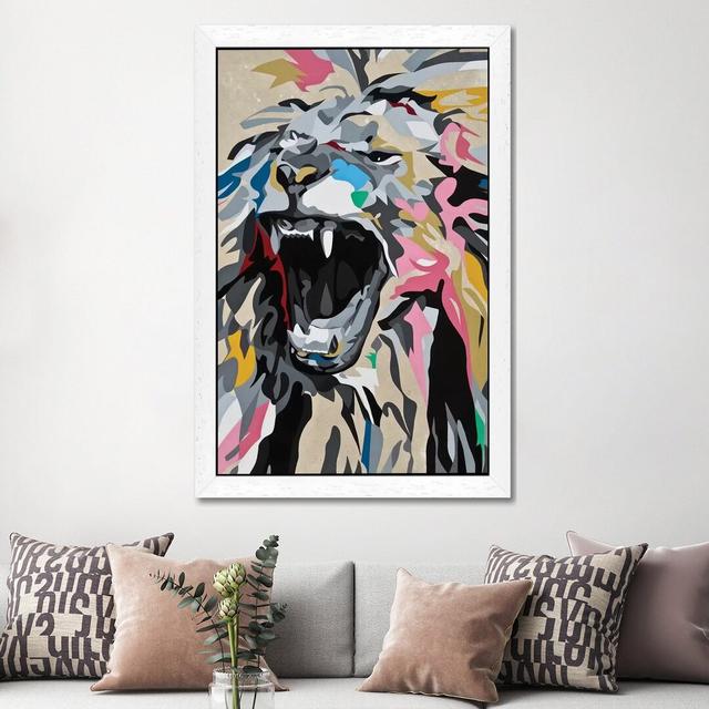 Roaring Lion by DAAS - Painting Print on Canvas Ebern Designs Size: 101.6cm H x 66.04cm W x 3.81cm D, Frame Option: White Framed on Productcaster.