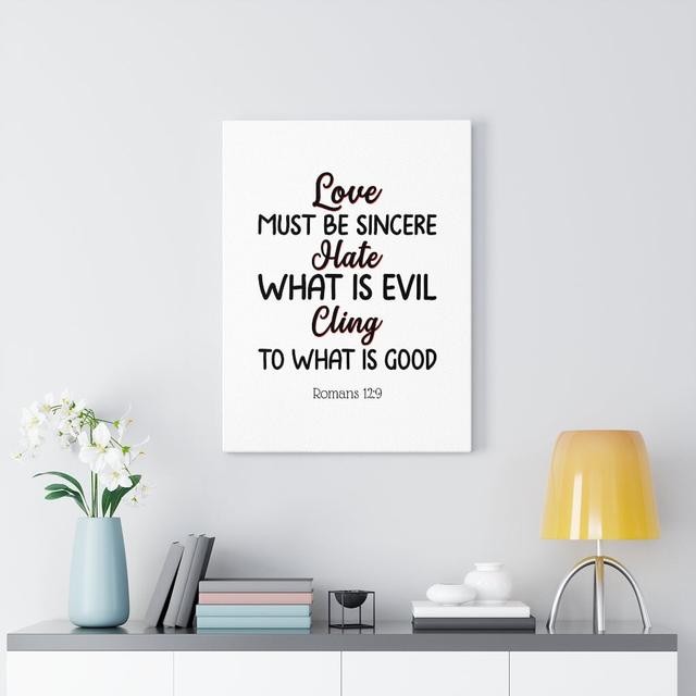 Love Must Be Sincere Romans 12:9 - Wrapped Canvas Typography Blue Elephant Size: 76cm H x 61cm W on Productcaster.