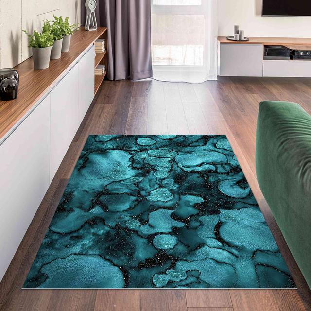 Opelika Turquoise Drops with Glitter Hand-Knotted Blue/Black Indoor/Outdoor Rug Ivy Bronx Rug Size: Rectangle 140 x 210cm on Productcaster.