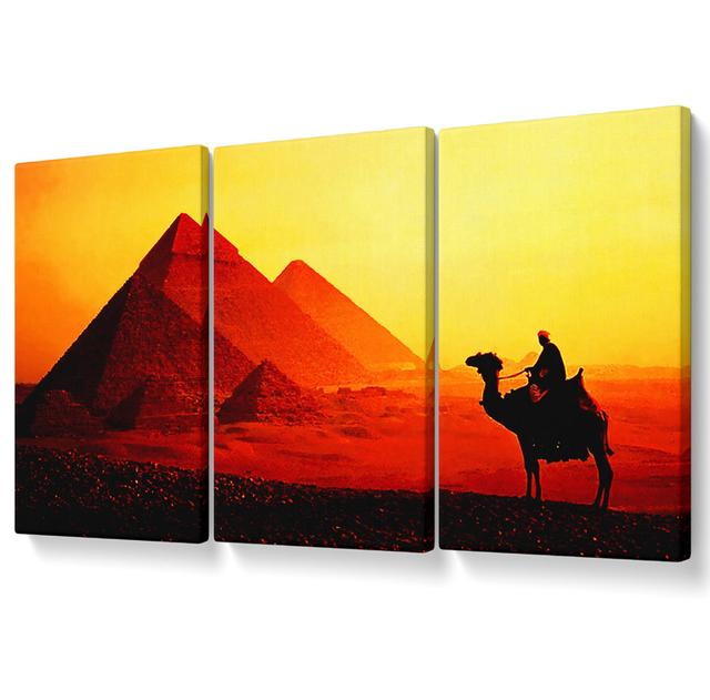 Camel Pyramid Ride - 3 Piece Wrapped Canvas Graphic Art Gracie Oaks Size: 142.2cm H x 304.8cm W on Productcaster.