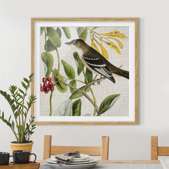 Bird on Linen Yellow II - Picture Frame Graphic Art Rosalind Wheeler Frame Option: Brown Framed, Size: 70cm H x 70cm W x 2cm D on Productcaster.