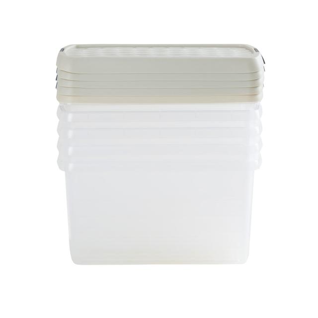 Wham Clip 5x 7L Rectangular Plastic Storage Boxes with Secure Clip Lock Lids. L:39 x W:24 x H:10.5cm Clear/Green Milieu/Stone (Set of 5) Wham Colour: on Productcaster.