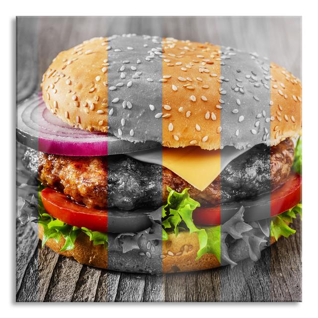 Glasbild Juicy Cheeseburger Brayden Studio Größe: 70cm H x 70cm B x 0.4cm T on Productcaster.