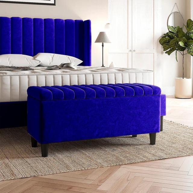 Plush Velvet Lined Upholstered Ottoman Storage Box with Wooden Legs R&M Furnishers Upholstery Colour: Sapphire Blue, Size: 45cm H X 150cm W X 40cm D on Productcaster.