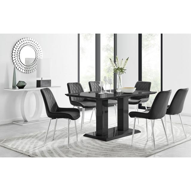 Edzard Double Pedestal High Gloss Dining Table Set with 6 Luxury Velvet Dining Chairs Furniture Box Colour (Chair): Black/Silver, Colour (Table Top): on Productcaster.