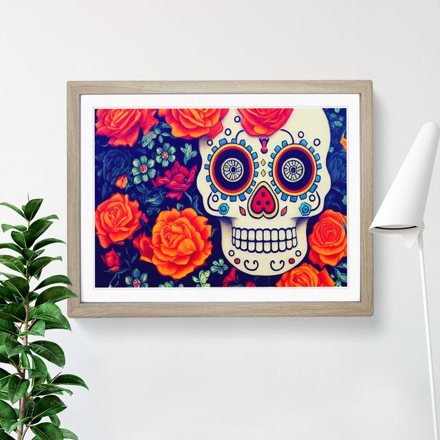 Wondrous Floral Sugar Skull Happy Larry Frame Colour: Oak, Size: 34cm H x 46cm W x 2cm D on Productcaster.