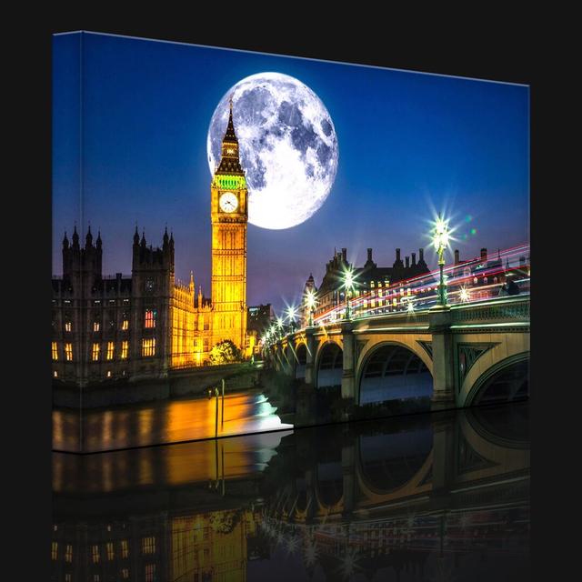 Big Ben in front of Big Moon in London - Wrapped Canvas Photograph Print lightbox-multicolor Frame Option: With lighting, Size: 60cm H x 80cm W x 4.5c on Productcaster.