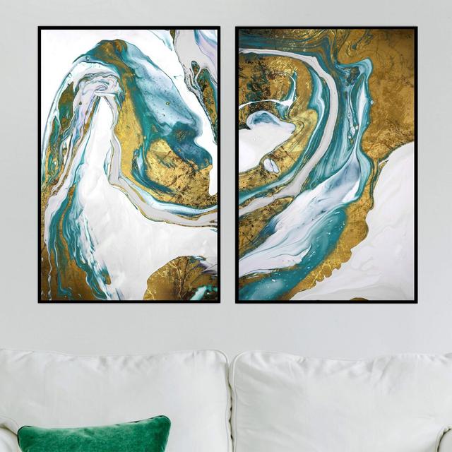 Emerald Splash - 2 Piece Picture Frame Graphic Art Print Set on Paper Clock Canvas Frame Option: Black Framed, Size: 70cm H x 100cm W x 3cm D on Productcaster.