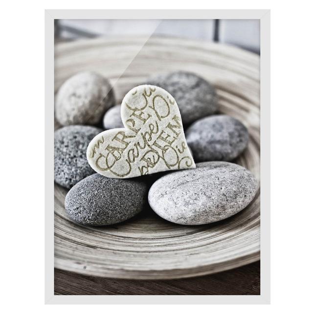 Carpe Diem Heart with Stones - Picture Frame Graphic Art Ebern Designs Frame Option: White, Size: 55cm H x 40cm W x 2cm D on Productcaster.