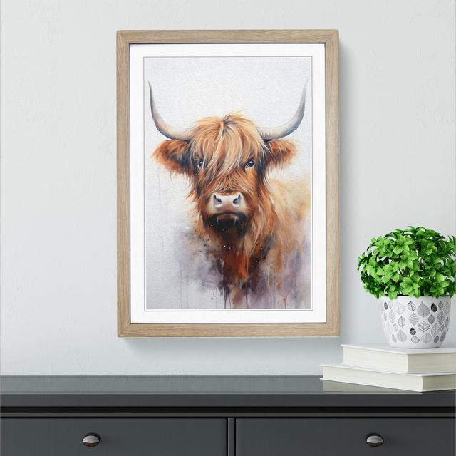 Highland Cow Tachisme - Single Picture Frame Print on Wood Alpen Home Format: Oak, Size: 34cm H x 25cm W x 2cm D on Productcaster.