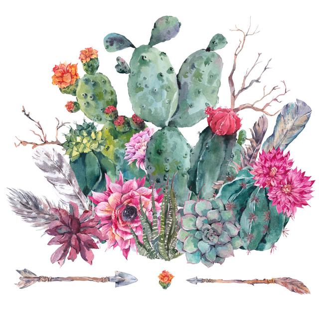 Tolono Watercolor Cactus, Succulent, Flowers by Princessmaro - Wrapped Canvas Painting World Menagerie Size: 122cm H x 122cm W x 3.8cm D on Productcaster.