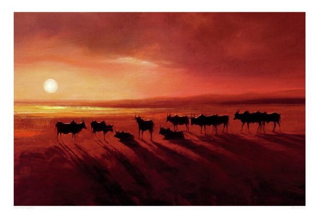 Zebu at Dusk by Jonathan Sanders - Art Print Maturi Format: Linen, Size: 85cm H x 120cm W on Productcaster.