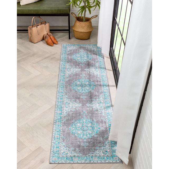 Nile Vintage Flat-Weave Machine Washable Medallion Teal Rug Well Woven Rug Size: Runner 63 x 220cm on Productcaster.