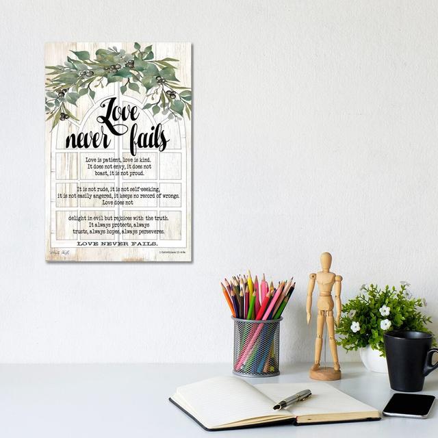 Berry Swag Love Never Fails by Cindy Jacobs - Wrapped Canvas Typography Maturi Size: 30.48cm H x 20.32cm W x 1.905cm D on Productcaster.