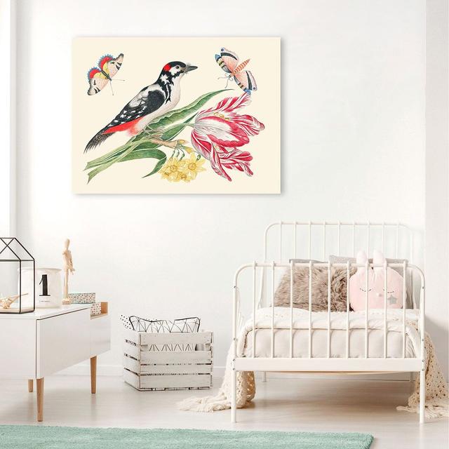 Leinwandbild A Bird on Tulip Stem with Daffodils von Anonymous Marlow Home Co. Größe: 70 cm H x 100 cm B x 4 cm T on Productcaster.