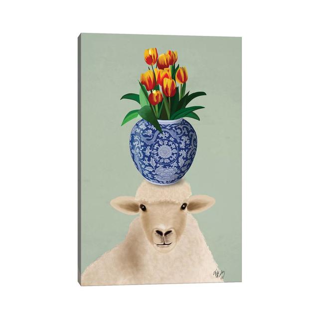 Sheep And Tulips by Fab Funky - Wrapped Canvas Gallery-Wrapped Canvas Giclée ClassicLiving Size: 45.72cm H x 30.48cm W x 1.9cm D on Productcaster.