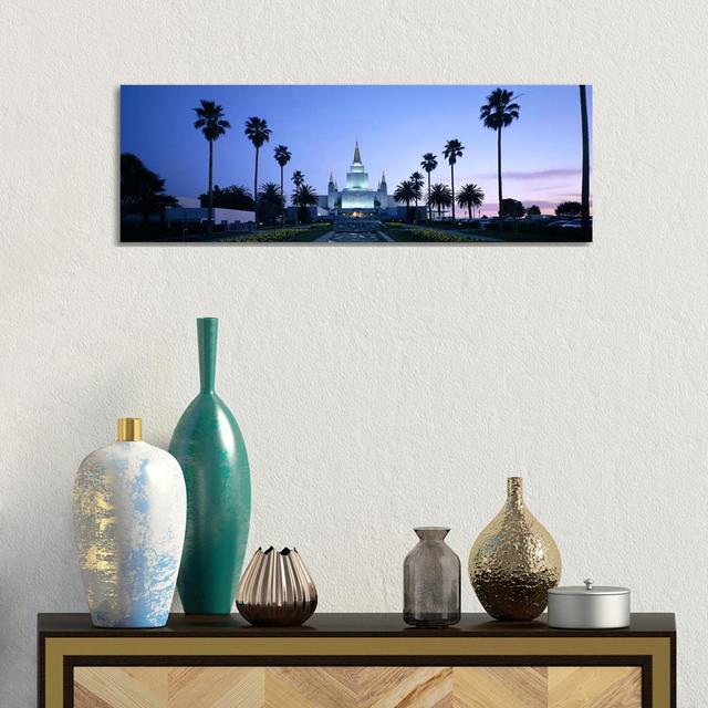 Formal Garden In Front Of A Temple, Oakland Temple, Oakland, Alameda County - Wrapped Canvas Panoramic Print Ebern Designs Size: 30.48cm H x 91.44cm W on Productcaster.