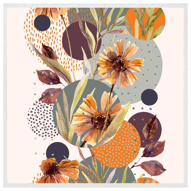 Kalamazoo Orange Geometric With Flowers - Single Picture Frame Art Prints Brambly Cottage Size: 51cm H x 51cm W x 4cm D, Frame Colour: White Framed on Productcaster.