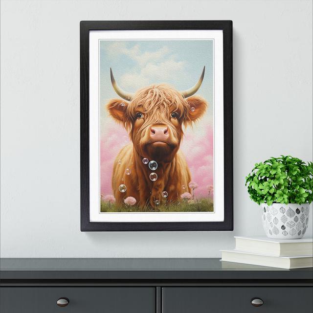 Highland Cow Bubble Gum - Single Picture Frame Print on Wood Alpen Home Size: 46cm H x 34cm W x 2cm D, Format: Black on Productcaster.