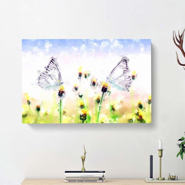 Two Butterflies Upon Yellow Flowers In Abstract - Wrapped Canvas Painting East Urban Home Size: 40cm H x 60cm W x 3cm D on Productcaster.