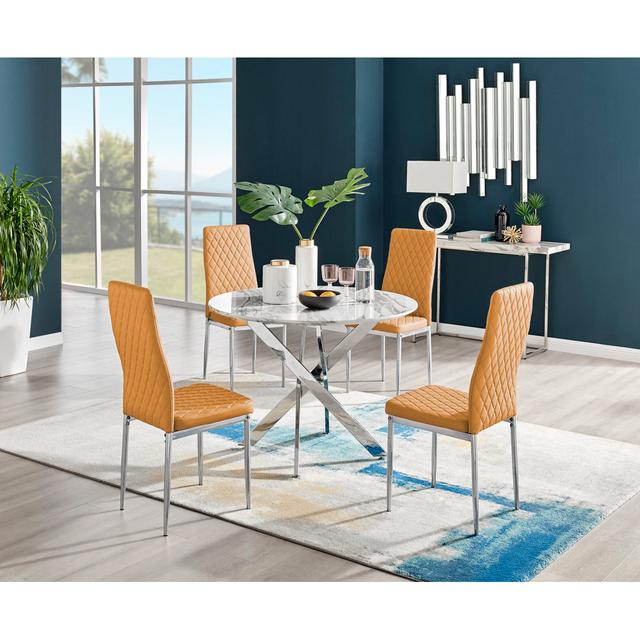 Tierra Modern Chrome Metal & Glass Round Dining Table Set with 4 Quilted Faux Leather Chairs Canora Grey Table Colour: Grey Marble, Chair Colour: Must on Productcaster.