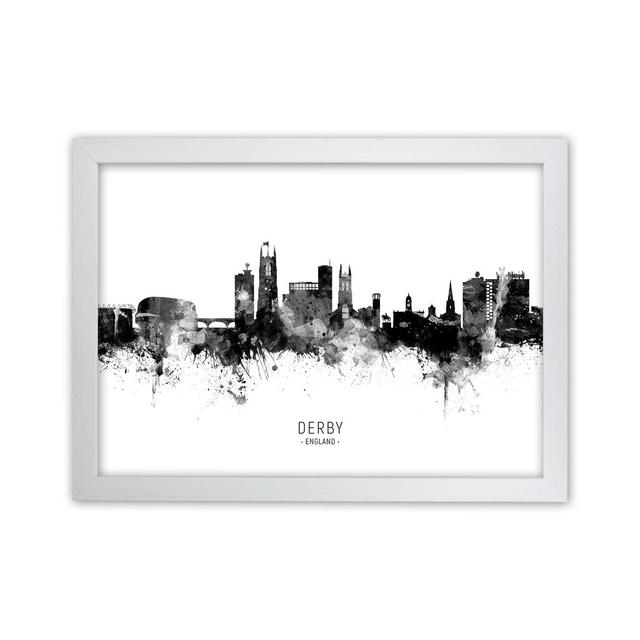 Derby England Skyline Black White City Name by Michael Tompsett - Graphic Art Print Latitude Run Size: 34cm H x 46cm W x 3cm D, Format: White Framed on Productcaster.