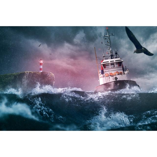 Ship Sea Lighthouse Storm - Wrapped Canvas Photograph Breakwater Bay Size: 30cm H x 46cm W x 3.8cm D on Productcaster.