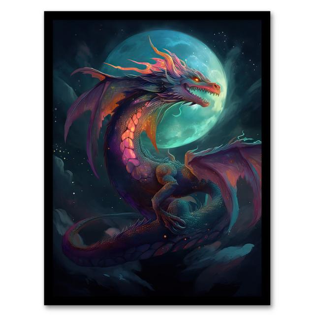 Alcinio Full Moon Dragon Blue Purple Fantasy Creature - Single Picture Frame Print Latitude Vive on Productcaster.