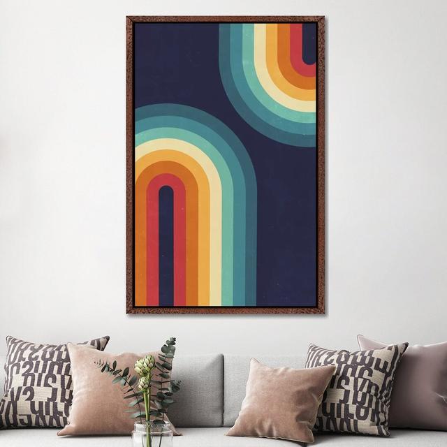 Double Rainbow On Blue by Emanuela Carratoni - Print on Canvas Ebern Designs Format: Classic Brown Wood Framed, Size: 152.4cm H x 101.6cm W x 3.81cm D on Productcaster.