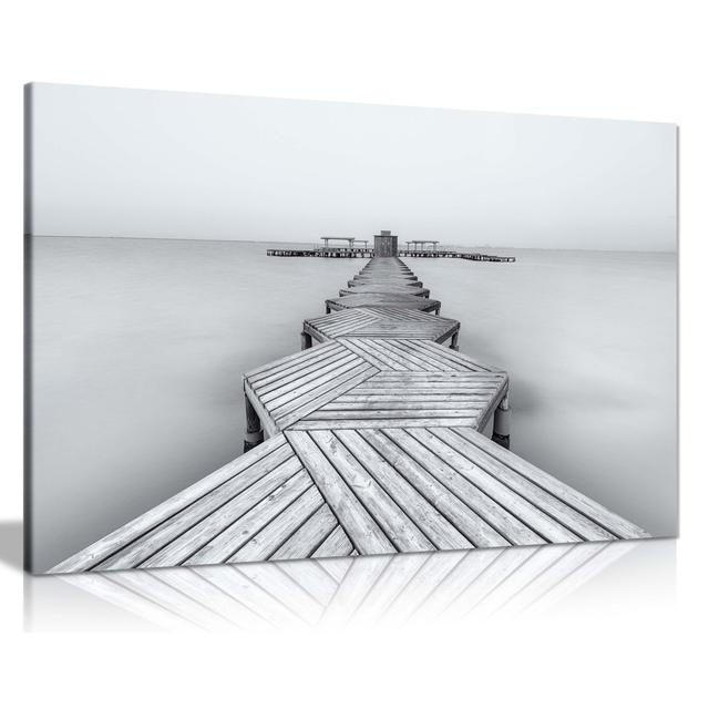 Panther Print Fine Art Prints Black & White Long Bridge On A Silky Beach Water Artistic Framed Canvas Print, Pictures For Home Walls, Bedroom, Living on Productcaster.