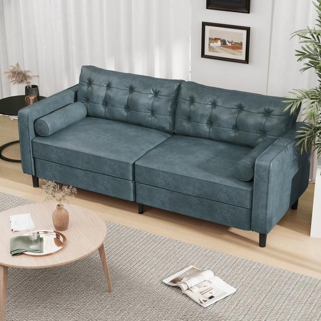 Palardy 4 Seater Sofa 17 Stories Fabric: Blue Faux Leather on Productcaster.