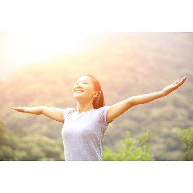 Cheering Hiking Woman Open Arms At Mountain Peak - Wrapped Canvas Print Ebern Designs Size: 50.8cm H x 76.2cm W on Productcaster.