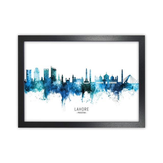 Lahore Pakistan Skyline Blue City Name by Michael Tompsett - Graphic Art Ebern Designs Format: Black Framed, Size: 64cm H x 88cm W x 3cm D on Productcaster.