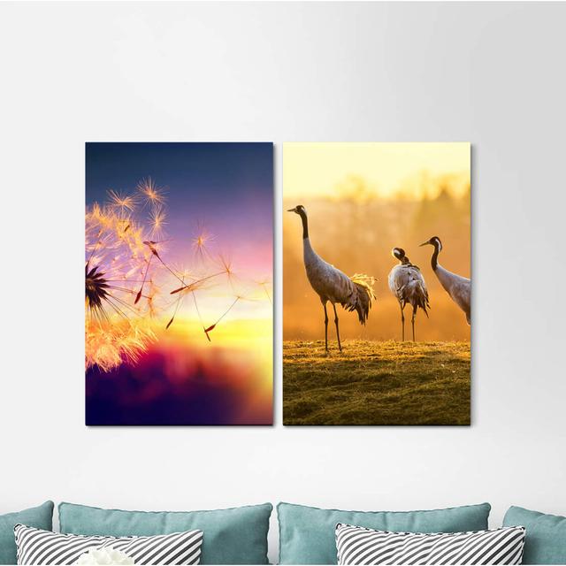 2-tlg. Leinwandbilder-Set - Fotografie „Blowball Summer Cranes Morning Dew Sunrise Nature Birds” East Urban Home on Productcaster.