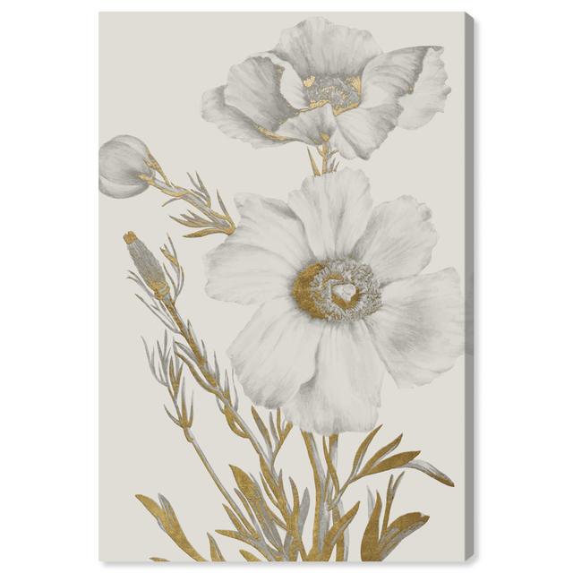 Floral And Botanical Elegant Golden Flower Stem, Traditional Gold And White Canvas Wall Art Print For Bedroom Oliver Gal Size: 38.1cm H x 25.4cm W x 4 on Productcaster.