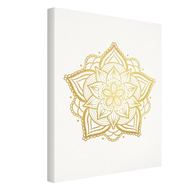 Mandala Flower Illustration White Gold - Wrapped Canvas Graphic Art Bloomsbury Market Size: 100cm H x 75cm W on Productcaster.