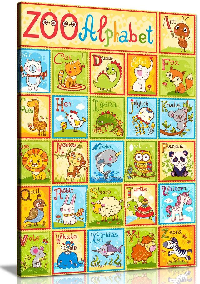 Alphabet Animals Kids Childrens Nursery Canvas Wall Art Picture Print Maturi Size: 31cm H x 20cm W on Productcaster.