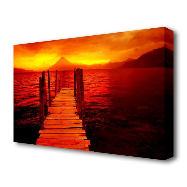 Red Pier Mountain View Seascape - Wrapped Canvas Photograph Print East Urban Home Size: 81.3 cm H x 121.9 cm W on Productcaster.