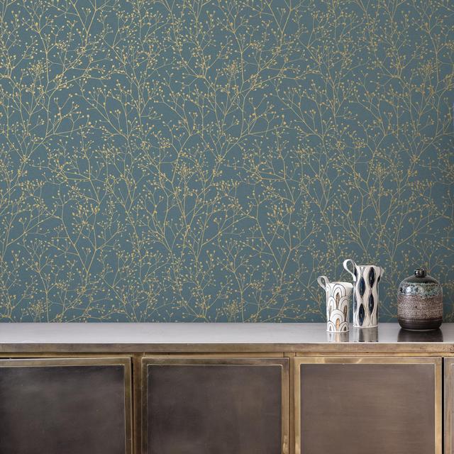 Clarissa Hulse Gypsophila Metallic Floral Wallpaper Clarissa Hulse Colour: Blue/Golden on Productcaster.