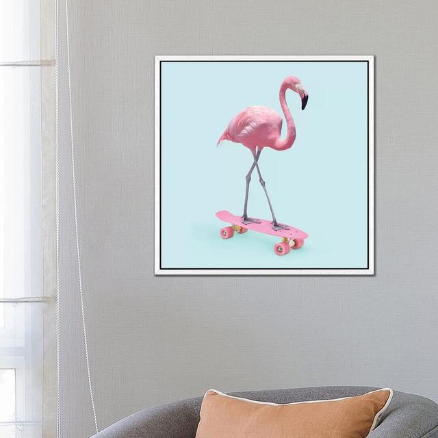 Skate Flamingo by Paul Fuentes - Graphic Art Print on Canvas Maturi Size: 93.98cm H x 93.98cm W x 3.81cm D, Frame Option: White Framed on Productcaster.