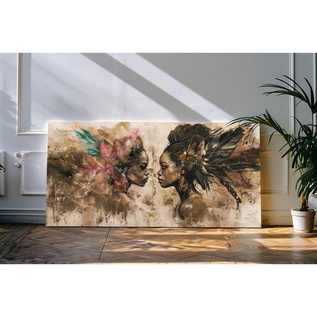 Wandbild 120x60cm Porträt von zwei jungen Frauen Kunstwerk Blumen Federn PaulSinusArt on Productcaster.