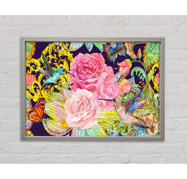 Hummingbird Flowers Dark - Print Ophelia & Co. Size: 59.7cm H x 84.1cm W x 3.3cm D, Format: Light Grey Framed Canvas on Productcaster.