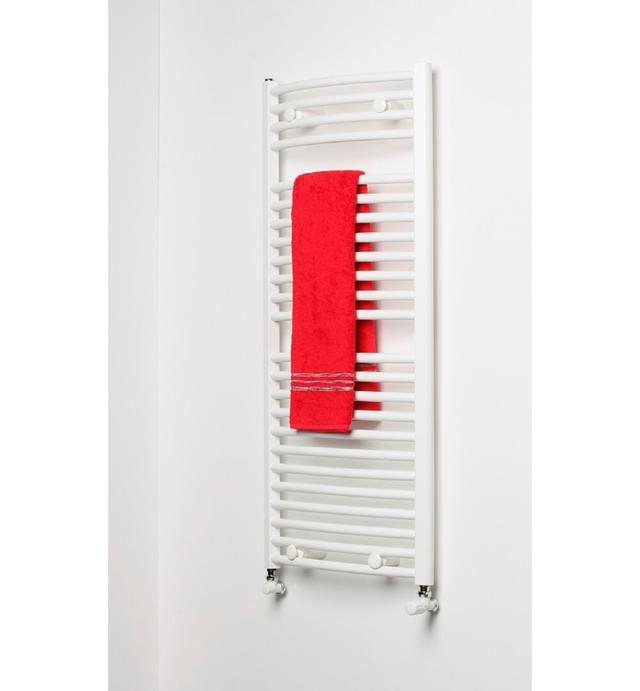 Phoebe Vertical Curved Towel Rail Belfry Heating Finish: White, Size: 76.4cm L x 75cm W x 7cm D on Productcaster.