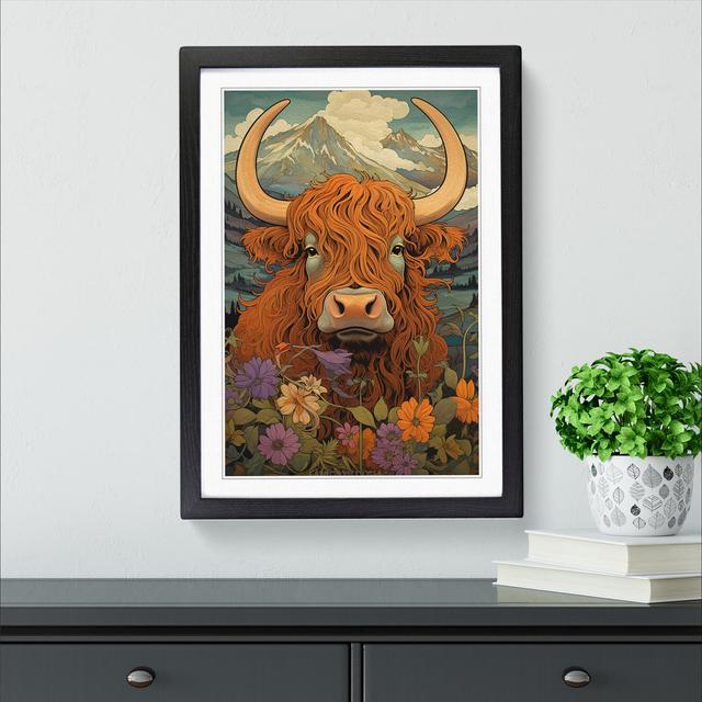 Highland Cow Nouveau No.2 - Single Picture Frame Print on Wood Alpen Home Format: Black, Size: 46cm H x 34cm W x 2cm D on Productcaster.