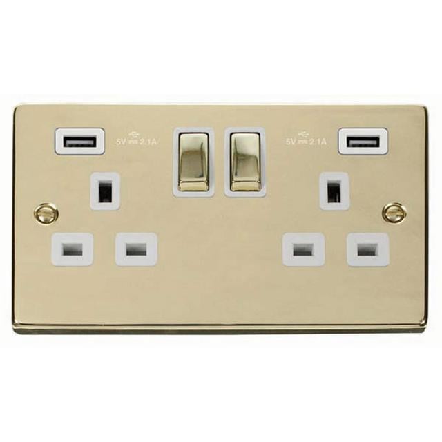 Polished Brass 2 Gang 13A DP Ingot 2 USB Twin Double Switched Plug Socket Marlow Home Co. on Productcaster.