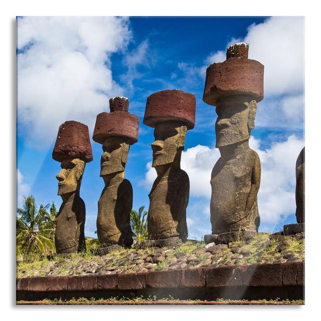 Moai Statues On Easter Island - No Frame Print on Glass Ebern Designs Size: 70cm H x 70cm W x 0.4cm D on Productcaster.