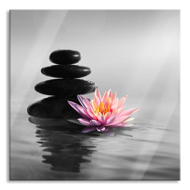 Zen Stones with Water Lily at Sunset - Unframed Photograph on Glass Brayden Studio Size: 70cm H x 70cm W x 0.4cm D on Productcaster.