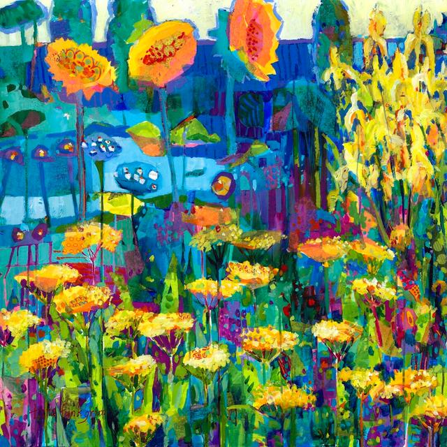 Yellow Garden I by Tara Funk Grim - Wrapped Canvas Painting Rosalind Wheeler Size: 122cm H x 122cm W on Productcaster.