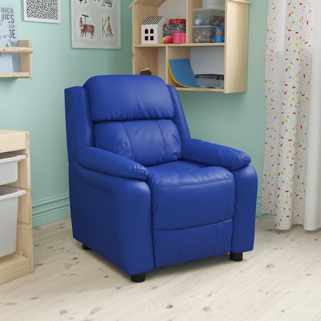 Deluxe Padded Contemporary Kids Recliner with Storage Arms Blue Elephant Colour: Vinyl - Blue on Productcaster.