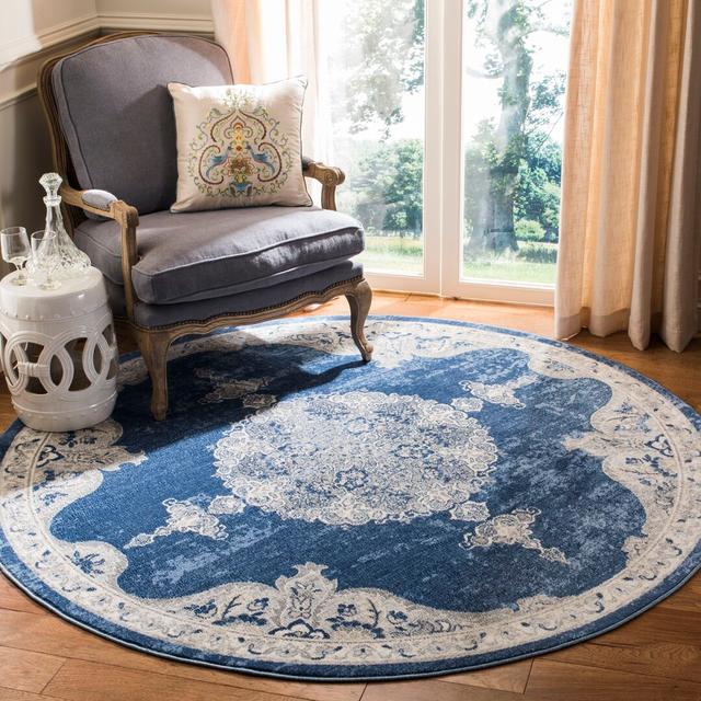 Uttoxeter Oriental Hand Woven Navy/Light Grey Area Rug Bloomsbury Market Rug Size: Round 200cm on Productcaster.